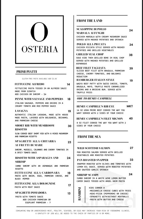 Osteria Italian Restaurant menu in Albany, Georgia, USA