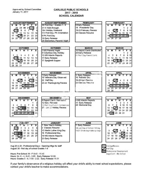 2017 - 2018 School Calendar | Carlisle Public Schools – Carlisle, MA