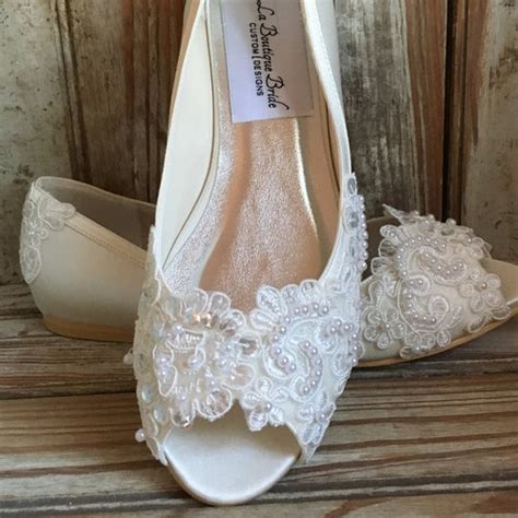 Open Toe Lace Beaded Flat Satin And Lace Bridal Shoe Peep Toe Etsy