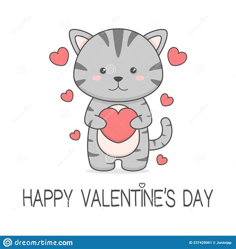 Cute Valentines Day Kitty Cat Holding Heart Stock Vector Illustration