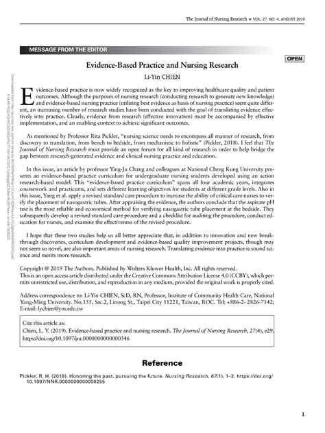 Evidence Based Practice And Nursing Research MESSAGE FROM THE EDITOR