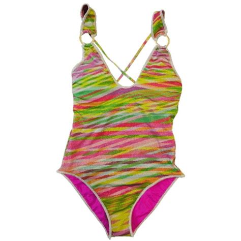 Becca Womens Multicolor Striped V Neckline One Piece Swimsuit Size