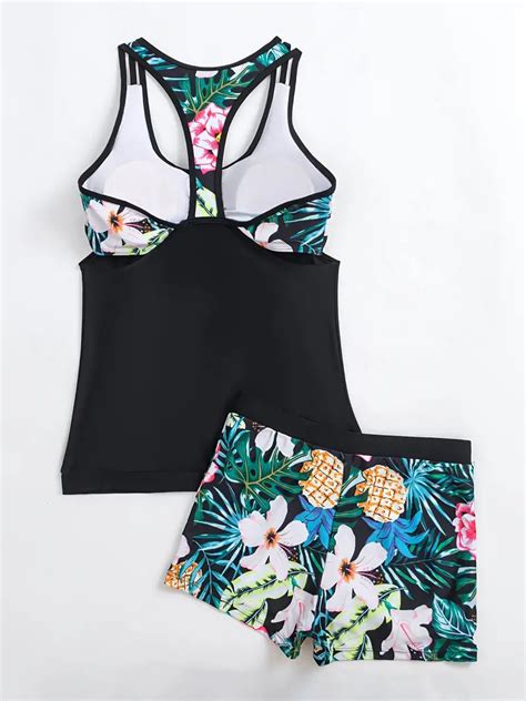 Tropical Plant Pineapple Print Black Tankini Scoop Neck Temu