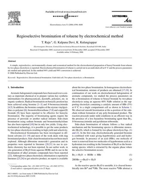 PDF Regioselective Bromination Of Toluene By Electrochemical Method