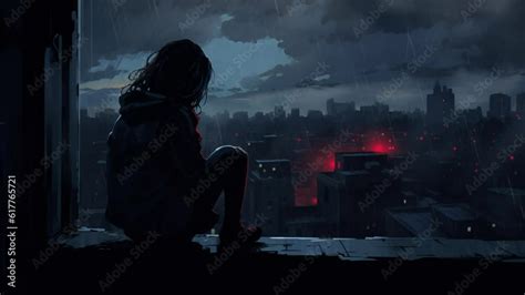 Lonely Anime Girl Looking At The City At Night Sad Rainy Day Moody