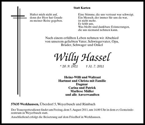 Traueranzeigen Von Willy Hassel Rz Trauer De