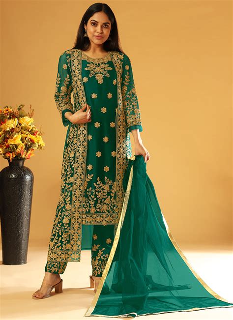 Shop Eid Suits Dark Green Embroidery Jacket Style Festive Pant Suit