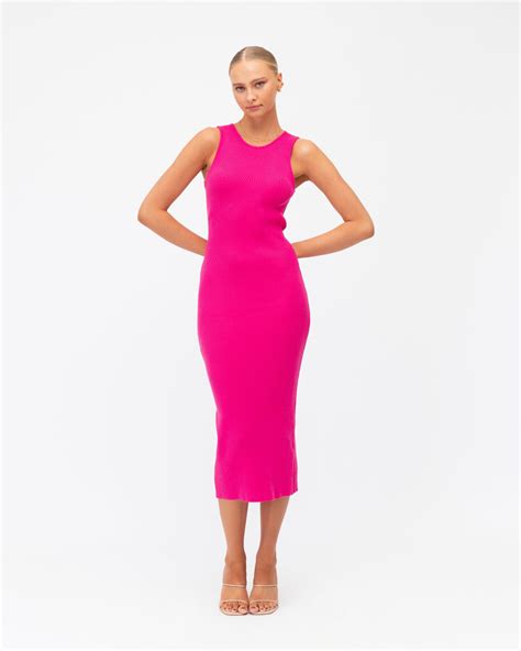 Hot Pink Rib Knit Midi Dress Global Fashion House