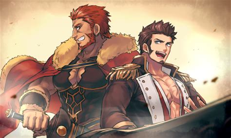 Safebooru 01rosso 2boys Abs Armor Bara Beard Blue Eyes Brown Hair Cape Chest Epaulettes Facial