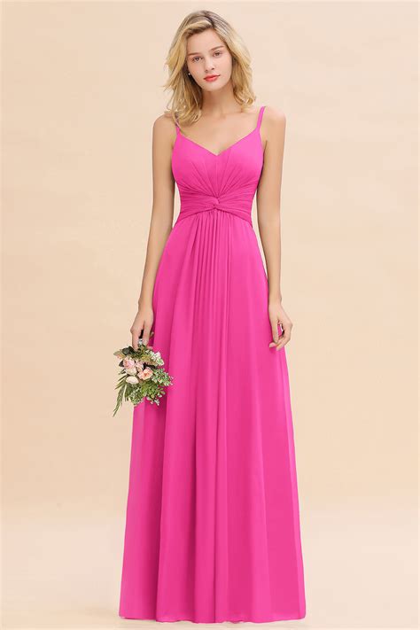 Elegant A Line Chiffon Spaghetti Straps Long Bridesmaid Dress With Ruf