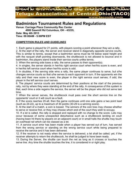 Badminton Tournament Rules and Regulations