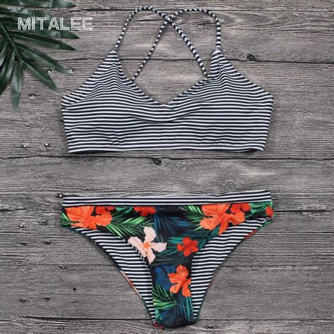 Mitalee Vrouwen Gedrukt Bikini Badmode Badpak Push Up Bikini Set High