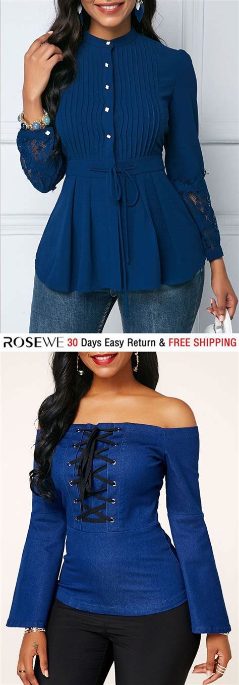 Crinkle Chest Navy Blue Lace Panel Peplum Blouse Rosewe Blouse