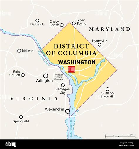 Washington, D.C., political map. District of Columbia, capital city and ...