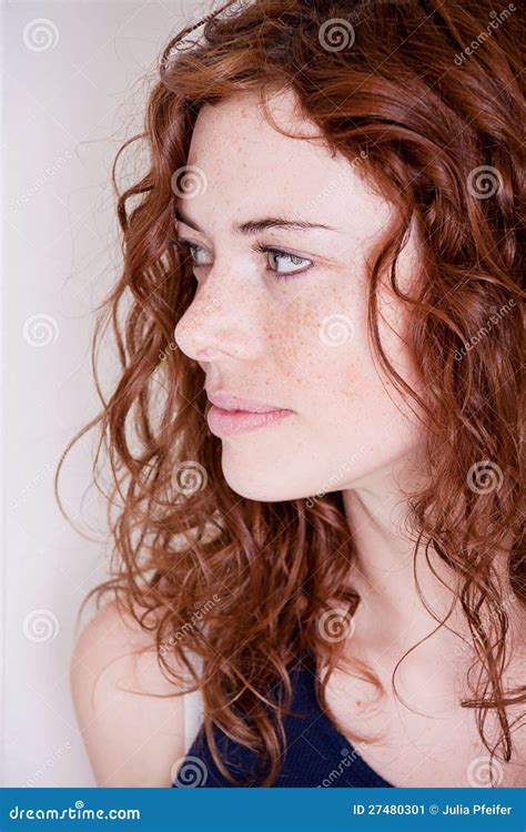 Beautiful Red Head Woman With Freckle Smiling Stock Image Image Of