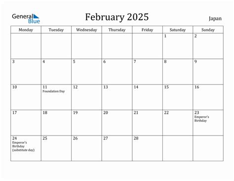 February 2025 Japan Monthly Calendar With Holidays