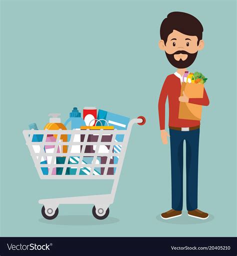 Consumer With Shopping Cart Of Groceries Vector Image