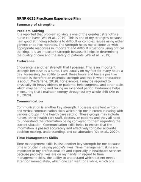 Nrnp 6635 Practicum Experience Plan Week 2 Nrnp 6635 Practicum Experience Plan Summary Of