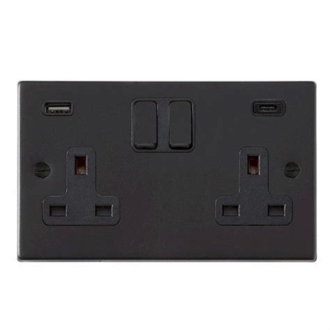 Hamilton Hartland Matt Black 2 Gang 13a Double Pole Switched Socket 24a Usb Type A And 24a