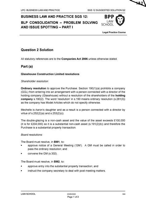 BLP SGS 12 Q2 Solution SPT 2022 23 LPC BUSINESS LAW AND PRACTICE