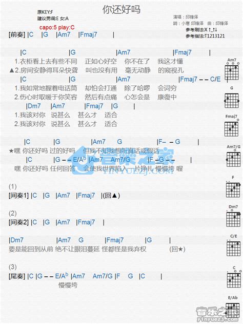 邱锋泽《你还好吗》吉他谱 C调吉他弹唱谱 和弦谱 吉他弹唱 打谱啦