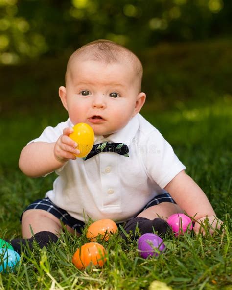 Infant Baby Boy Playing With Easter Eggs Stock Image Image Of Band