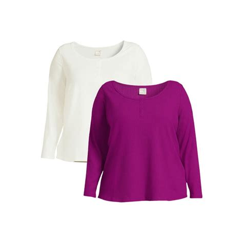 Terra And Sky Womens Plus Henley Rib Knit Jersey Top 2 Pack