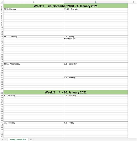 Free Weekly Calendar Excel Template for 2021