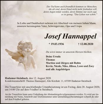 Traueranzeigen Von Josef Hannappel Trauer Rheinmain De