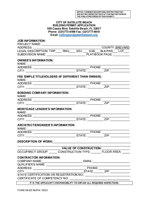 2020 2025 Form FL Building Permit Application City Of Satellite Beach