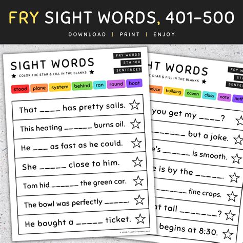 Sight Word Sentences Fill In The Blanks Fry S 5th 100 SET 7 Made