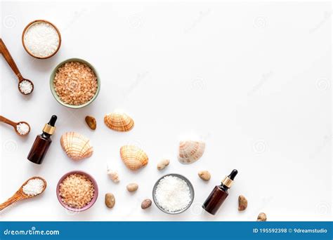 Bath Spa Set With Sea Salt And Seashells Top View Stock Photo Image