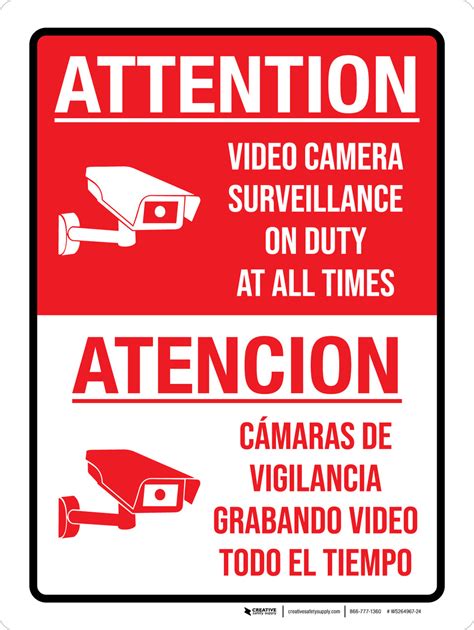 Attention Video Camera Surveillance On Duty At All Times Bilingual Spanish Portrait Wall Sign