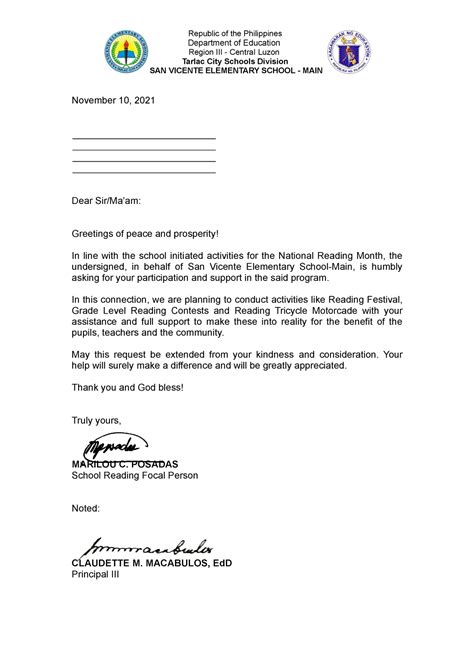 Communication Letter For Requesting Assistance Elementary Education