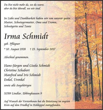 Traueranzeigen Von Irma Schmidt WirTrauern