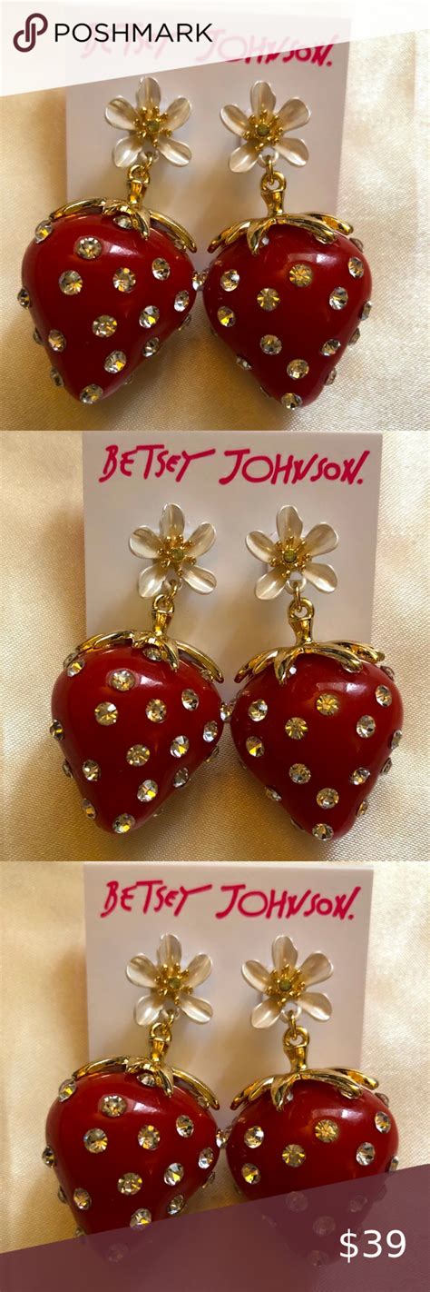 Betsey Johnson Gold Tone White Flower Red Resin 3D Strawberry Drop