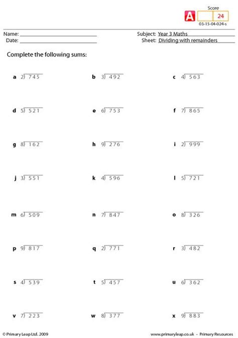 Numeracy Dividing With Remainders Worksheet Uk