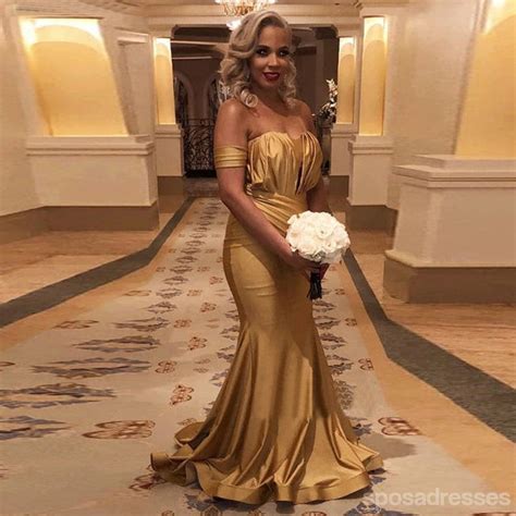 Sexy Gold Mermaid Off Shoulder Maxi Long Bridesmaid Dresses For Weddin