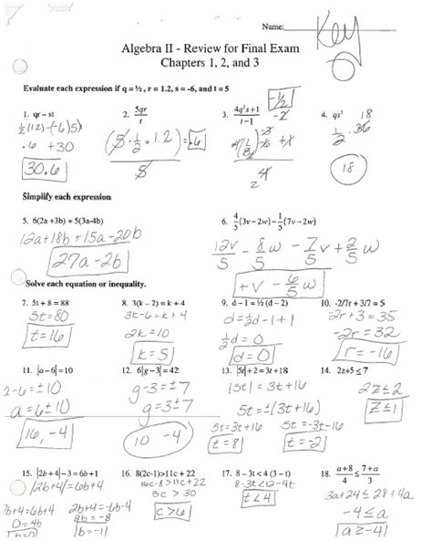 Algebra 2 Final Exam Review Answer Key Mr Doran S Algebra 2