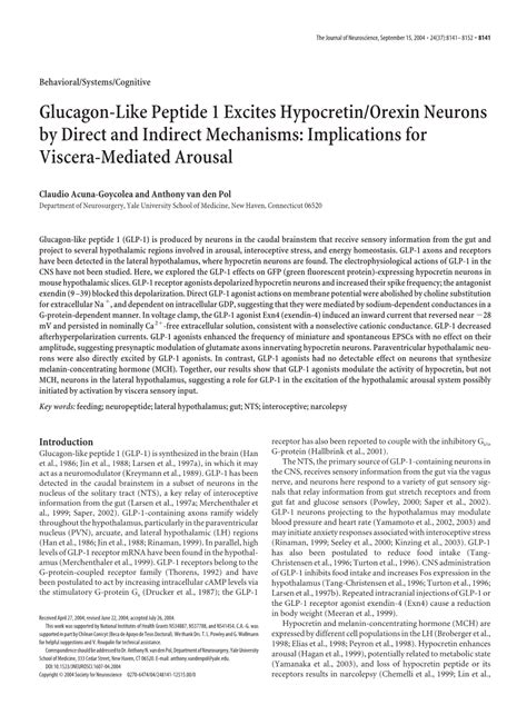 Glucagon Like Peptide 1 Excites Hypocretinorexin Neurons By Direct And