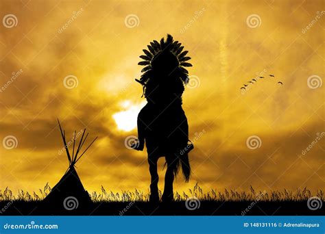 Native American Indian on Horseback at Sunset Stock Photo - Image of ...