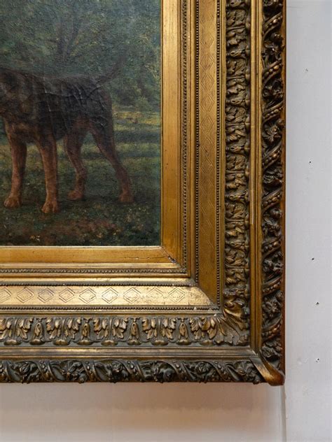 19th Century Oil On Canvas Painting Of Dogs In Gilt Frame By Charles