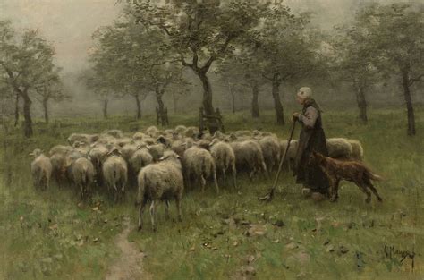 Shepherdess With Flock Of Sheep Ca Ca Painting Anton