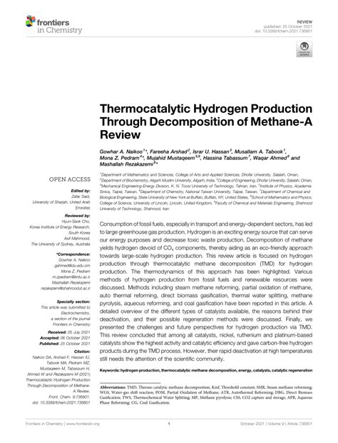 Pdf Thermocatalytic Hydrogen Production Through Decomposition Of Methane A Review