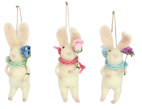 3 X Gisela Graham Wool Hanging Bunny Rabbit Decorations W Flowers Spring Easter Ebay