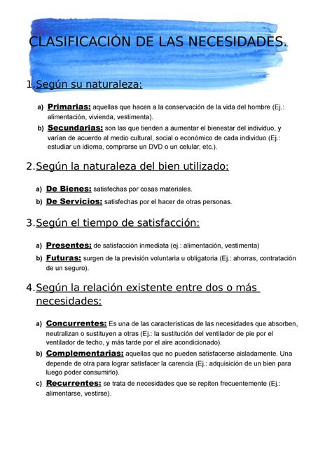 Clasificación De Las Necesidades ClasificaciÓn De Las Necesidades 1ún Su Naturaleza A