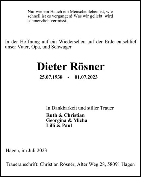 Traueranzeigen von Dieter Rösner Trauer in NRW de