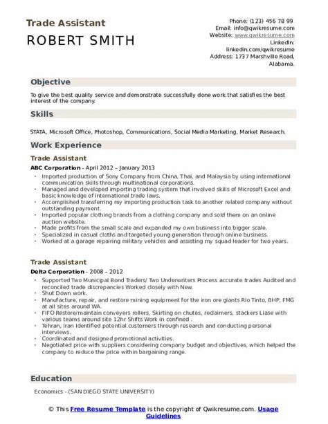 Trade Assistant Resume Samples Qwikresume