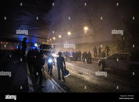 Israel 04th Mar 2023 Protestors And Police Stand Under A Bridge As A