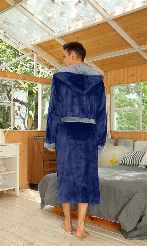 U2skiin Mens Fleece Robe With Hood Mid Length Plush Shawl Collar Two Tone Bathrobe Navy Light